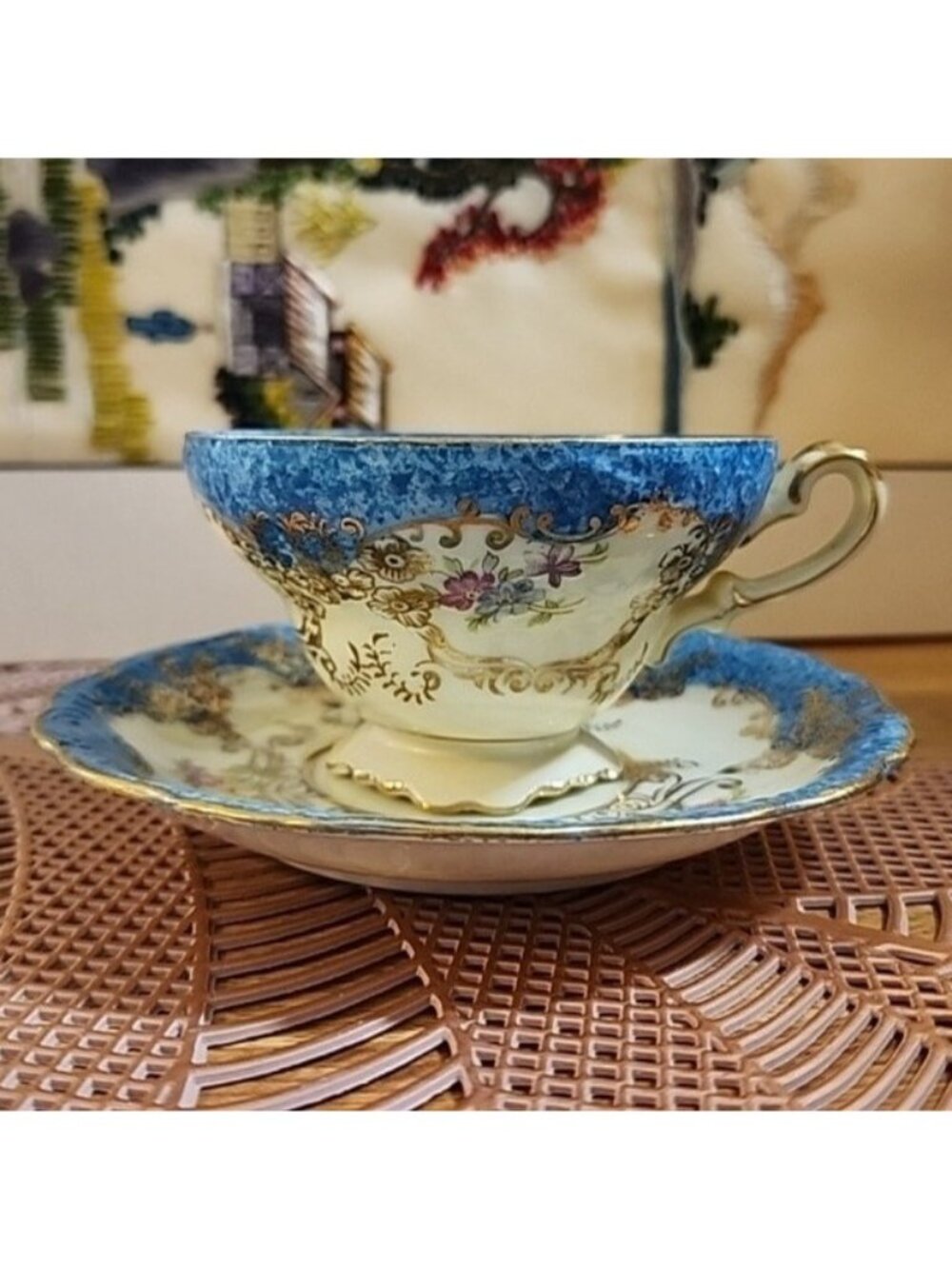 Saji Fancy Fine China Turquoise Blue & Gold Wide Footed Cup & Saucer Set Japan